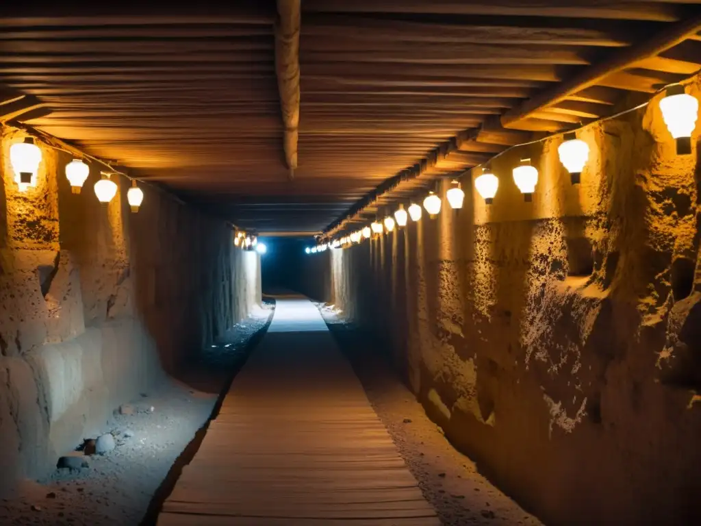Enigmático túnel subterráneo: misterio y secreto Un túnel subterráneo iluminado por linternas, revelando la construcción y el impacto de actividades secretas