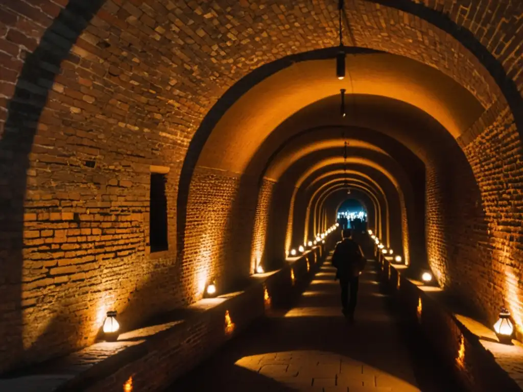 Un túnel subterráneo iluminado suavemente con linternas antiguas, donde exploradores con antorchas despiertan su misterio