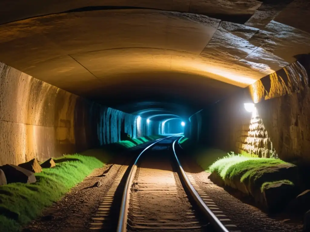 Un túnel subterráneo iluminado por linternas crea un ambiente misterioso y lleno de secretos y sociedades ocultas