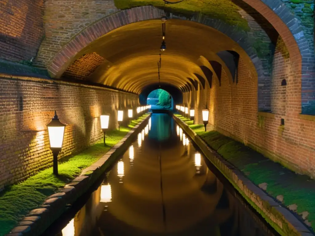 Un túnel subterráneo iluminado por linternas, con paredes de ladrillo cubiertas de musgo y un arroyo