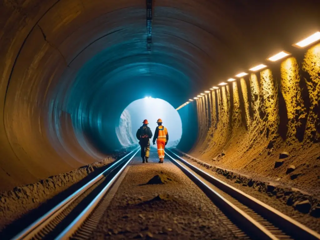 Un túnel subterráneo iluminado por luces artificiales, con trabajadores en la distancia