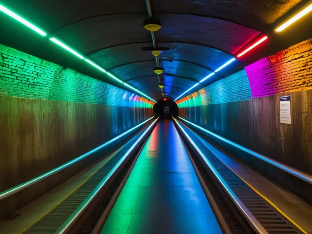 Un túnel subterráneo iluminado con luces LED coloridas, invitando a la exploración y aventura