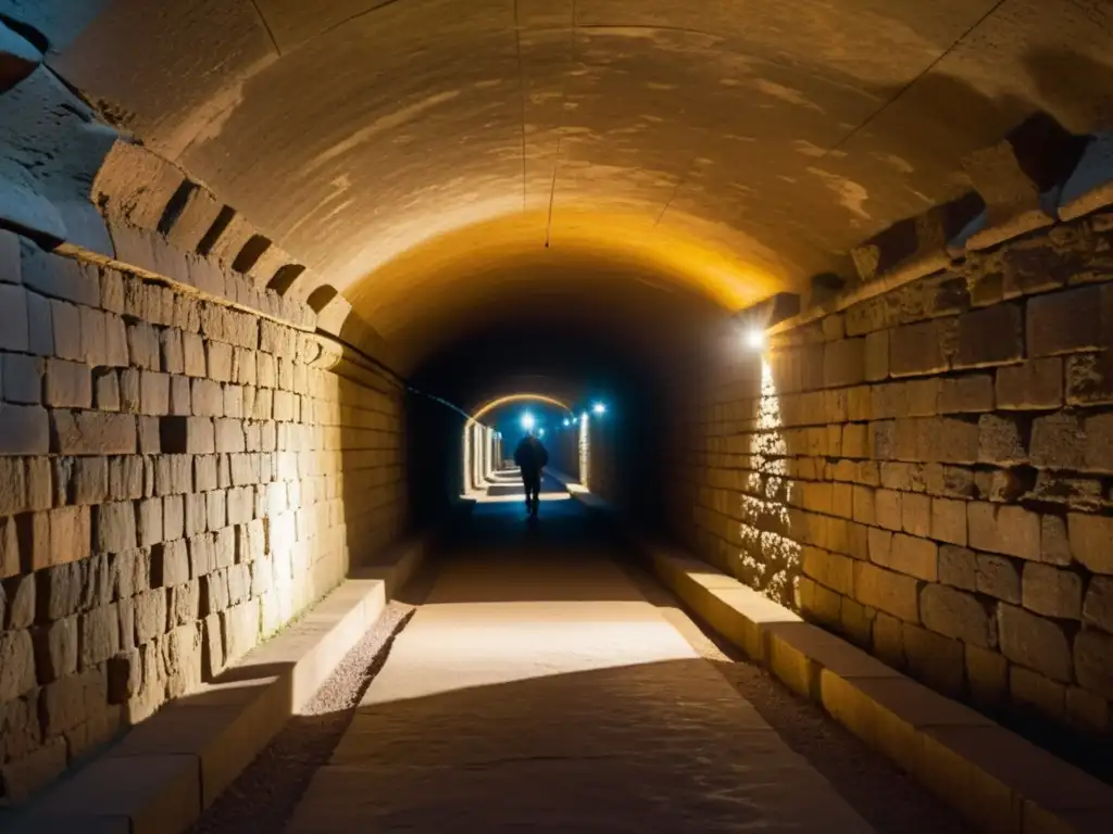 Un túnel subterráneo iluminado por luces vintage, exploradores en la distancia