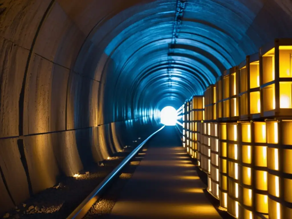 Un túnel subterráneo en Yucca Mountain, iluminado por luces artificiales, con almacén nuclear en metal brillante