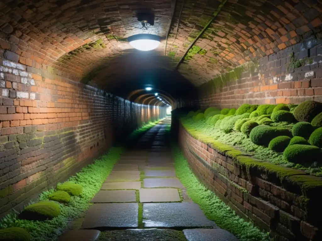 Un túnel subterráneo iluminado por la luz tenue, con paredes de ladrillo envejecido y un estrecho camino