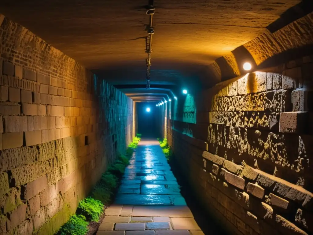 Un túnel subterráneo iluminado por una luz cálida, con antiguos ladrillos de piedra y símbolos misteriosos