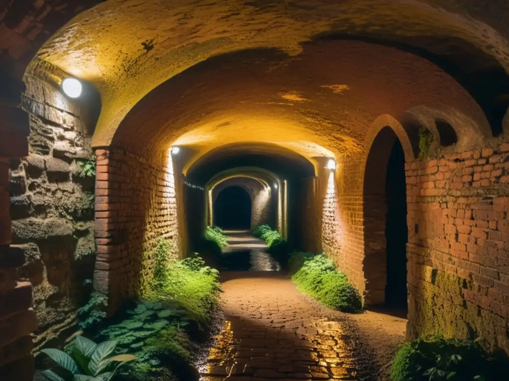 Un túnel subterráneo iluminado por luz dorada, con paredes de ladrillo y musgo, revela antiguos artefactos y misteriosas inscripciones