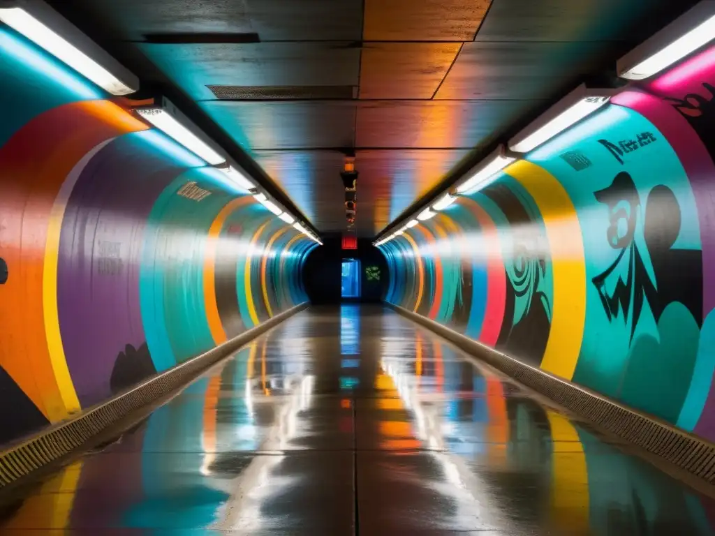 Un túnel subterráneo iluminado débilmente con murales vibrantes que retratan escenas de la vida urbana