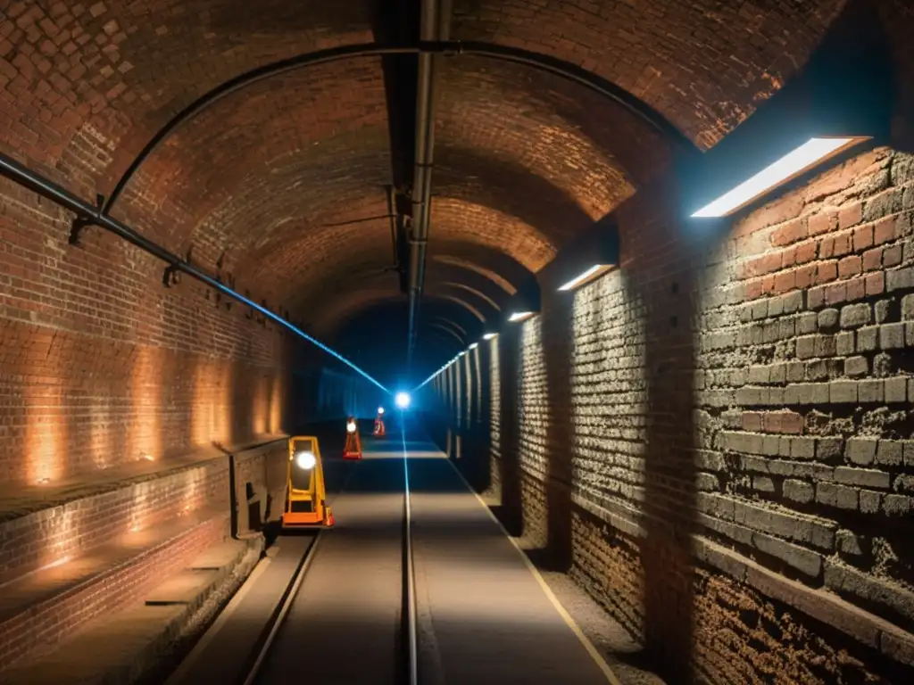 Un túnel subterráneo iluminado débilmente, con obreros trabajando en la conversión de túneles antiguos en espacios comerciales