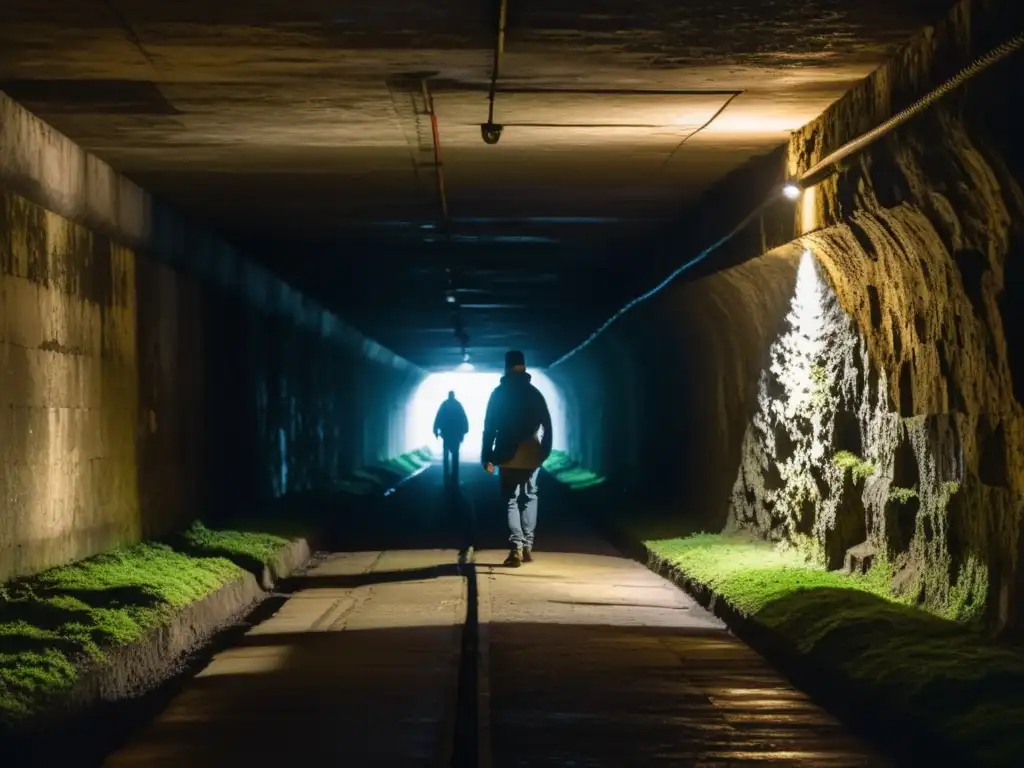 Un túnel subterráneo iluminado débilmente con paredes cubiertas de musgo y sombras inquietantes