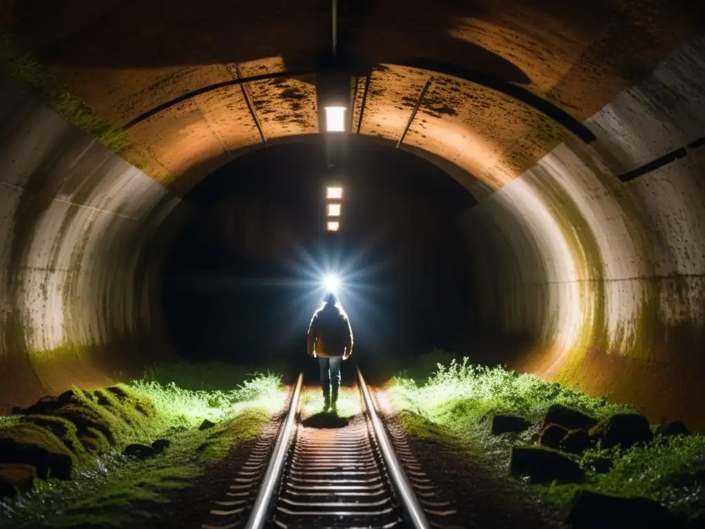 Exploración en un túnel subterráneo iluminado, con paredes cubiertas de musgo y vías de tren oxidadas