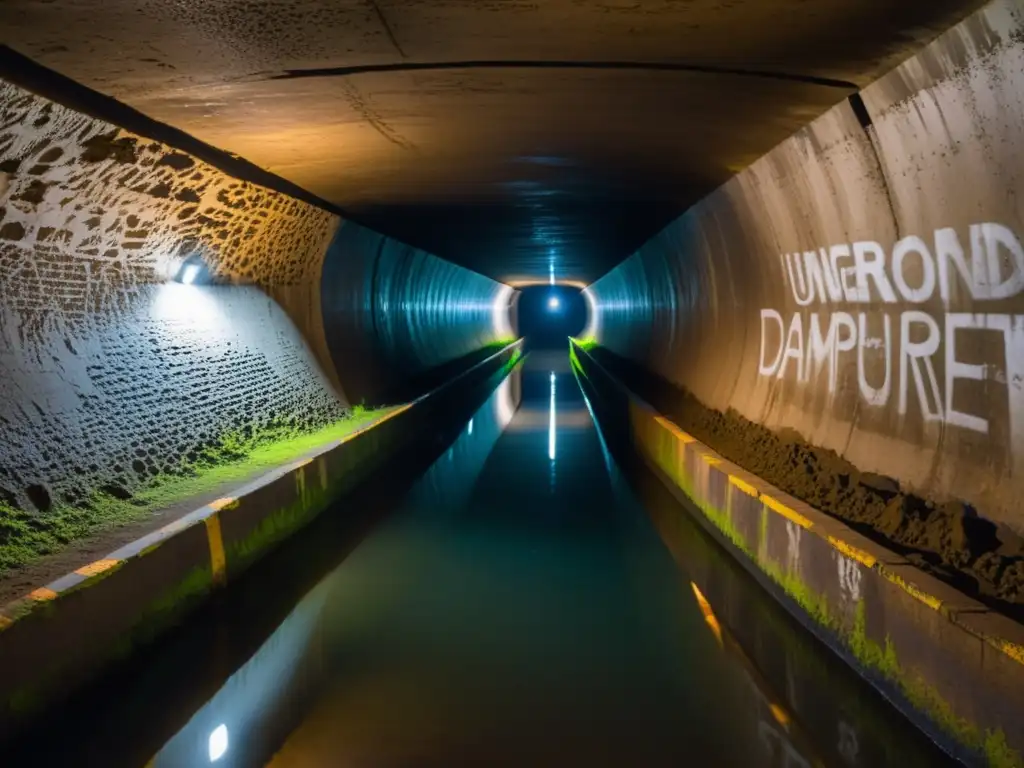 Un túnel subterráneo iluminado débilmente revela patrones de humedad y erosión en las paredes, creando una atmósfera inquietante