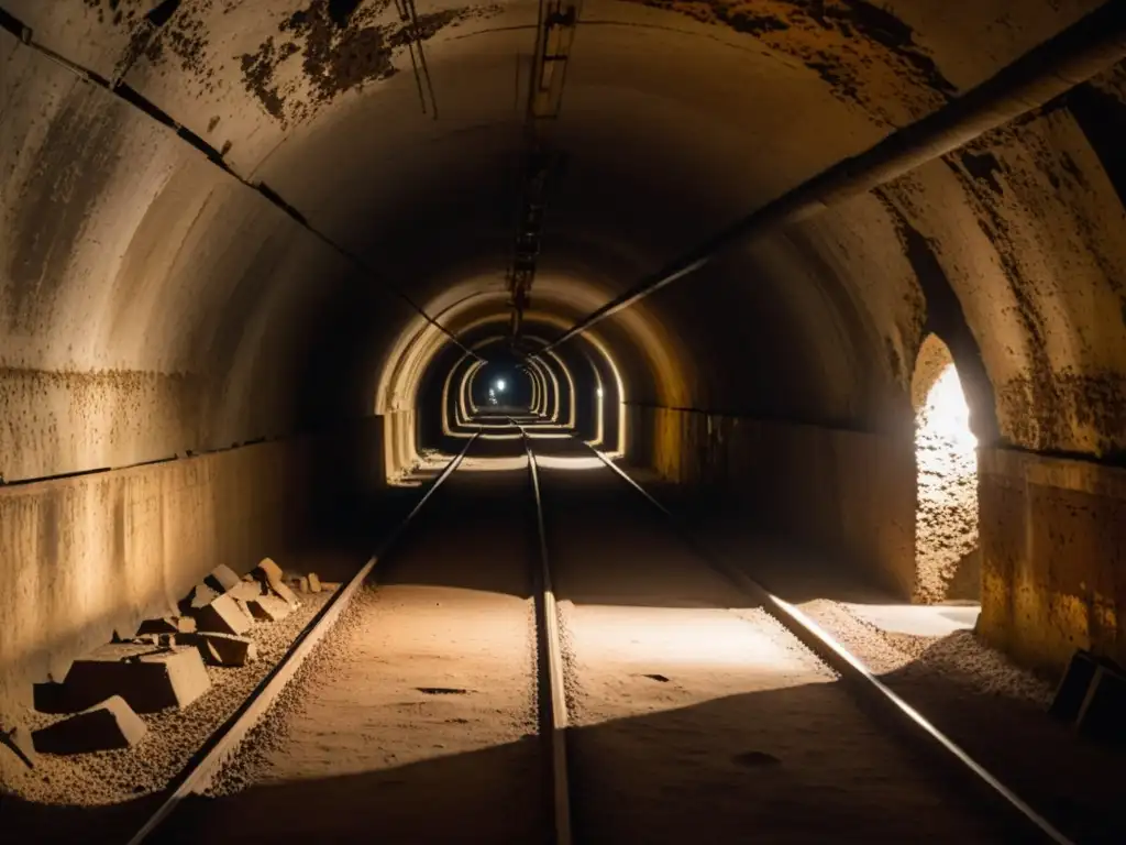 Un túnel subterráneo iluminado débilmente con restos de guerra, preservación legal de túneles de guerra