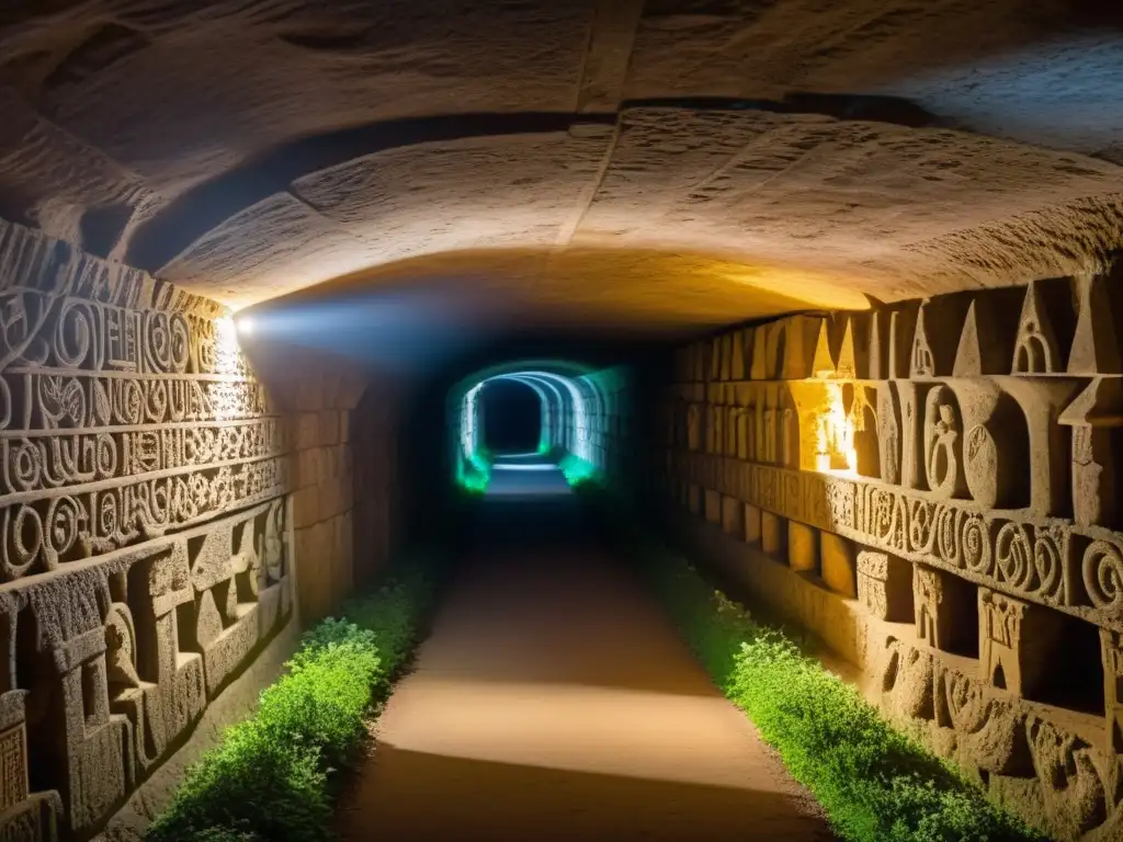 Un túnel subterráneo iluminado por símbolos antiguos, con una conexión espiritual en túneles históricos