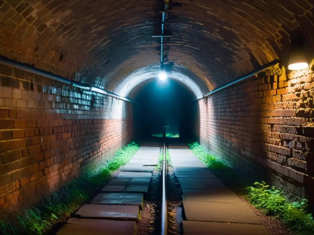 Un túnel subterráneo, iluminado por una sola luz al final, evoca misterio y aventura