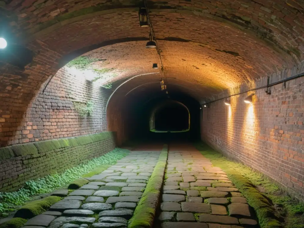 Un túnel subterráneo iluminado por suave luz cálida, revelando la historia y el misterio