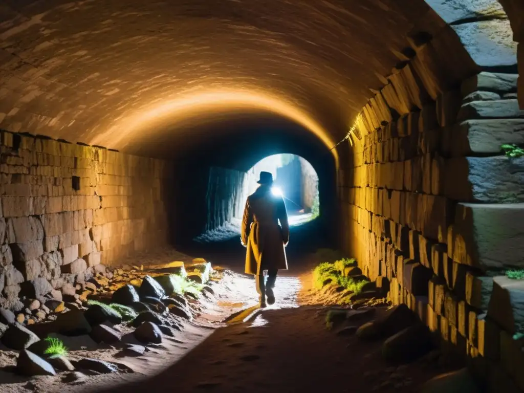 Un túnel subterráneo, iluminado por la tenue luz de las linternas, donde una figura avanza con cautela