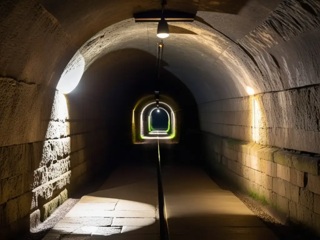 Un túnel subterráneo iluminado tenue se extiende hacia la distancia, evocando misterio y peligro al estilo de túneles secretos en películas de espías y thrillers