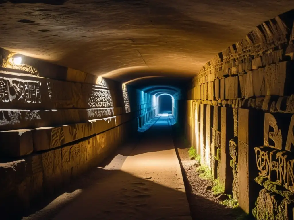 Un túnel subterráneo iluminado por una tenue luz, con grabados y graffiti