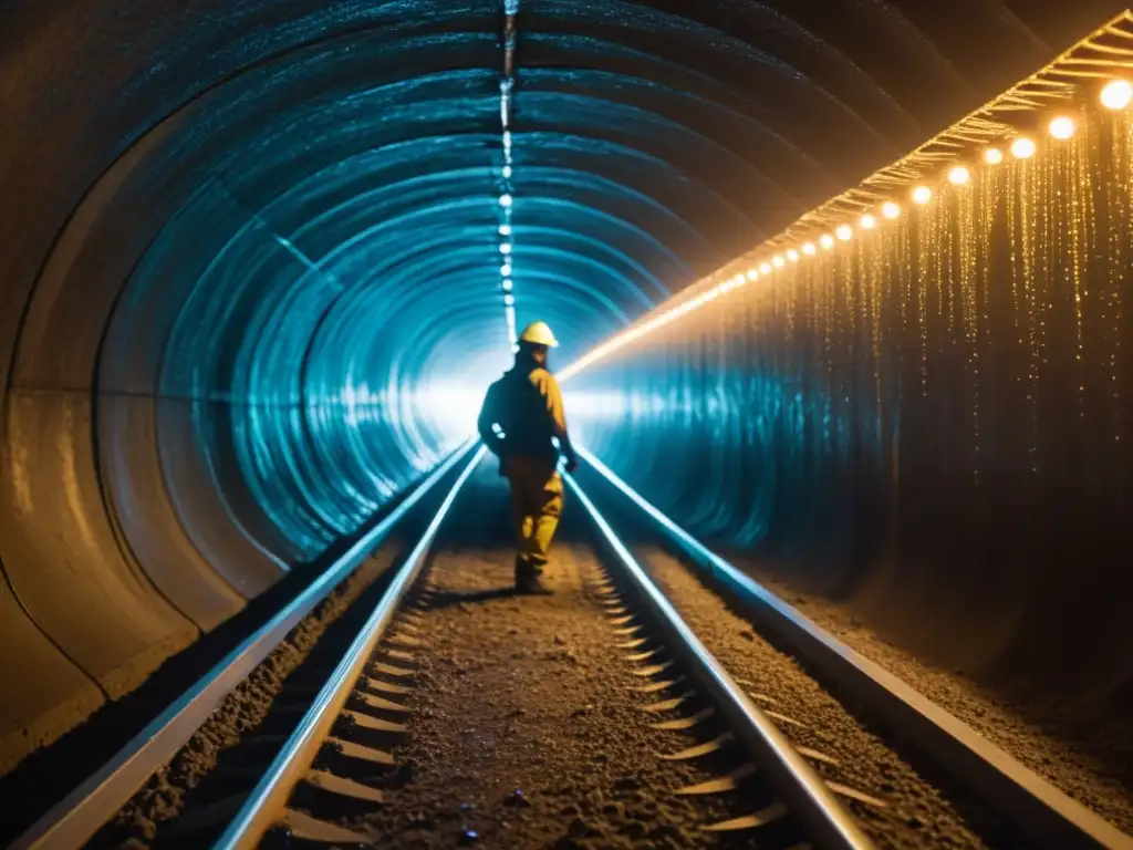 Un túnel subterráneo iluminado tenue con cables de fibra óptica, creando misterio