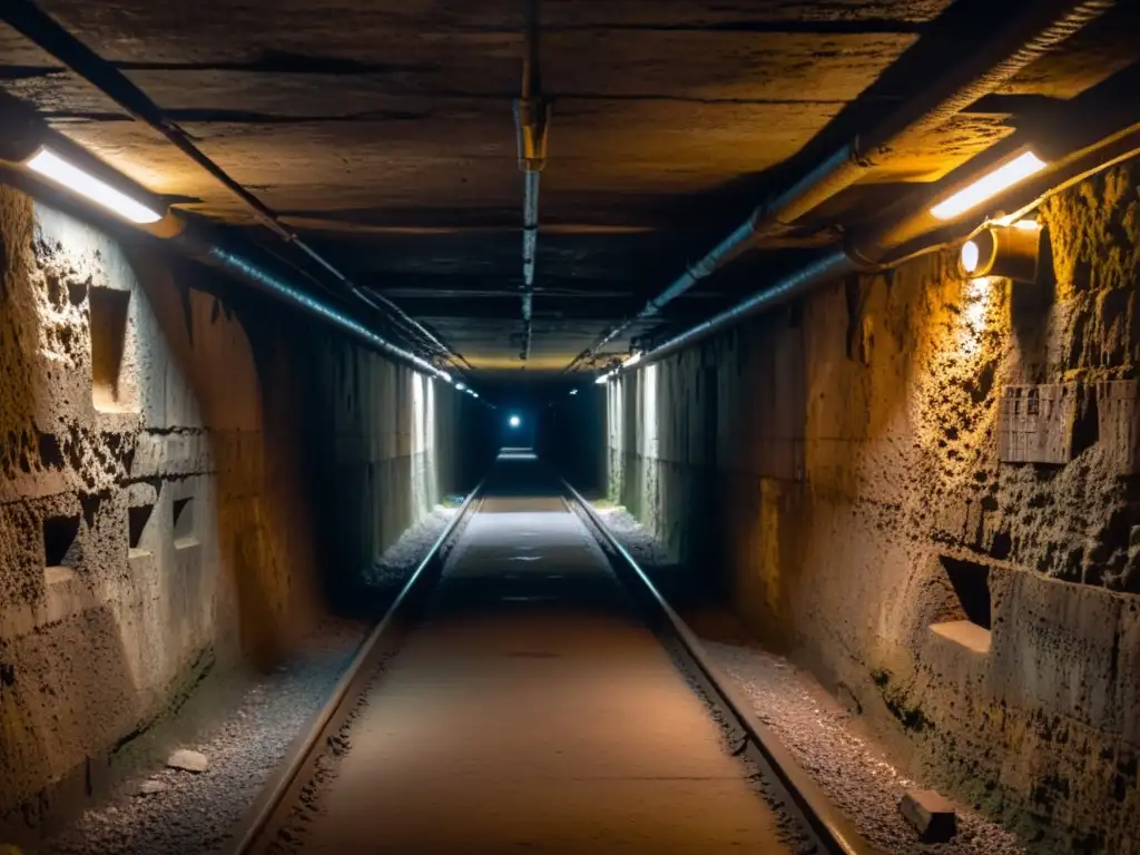 Un túnel subterráneo iluminado tenue, con restos de la Segunda Guerra Mundial