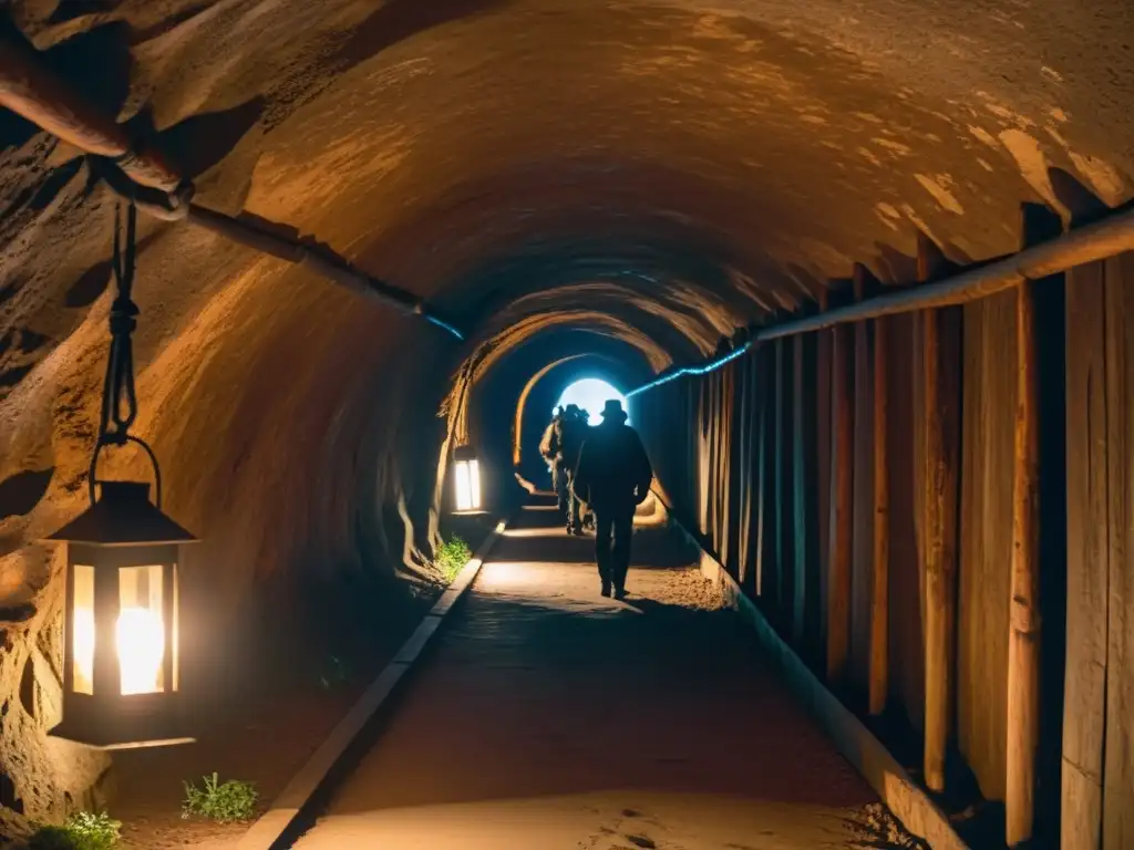 Un túnel subterráneo iluminado tenue se extiende con sombras inquietantes