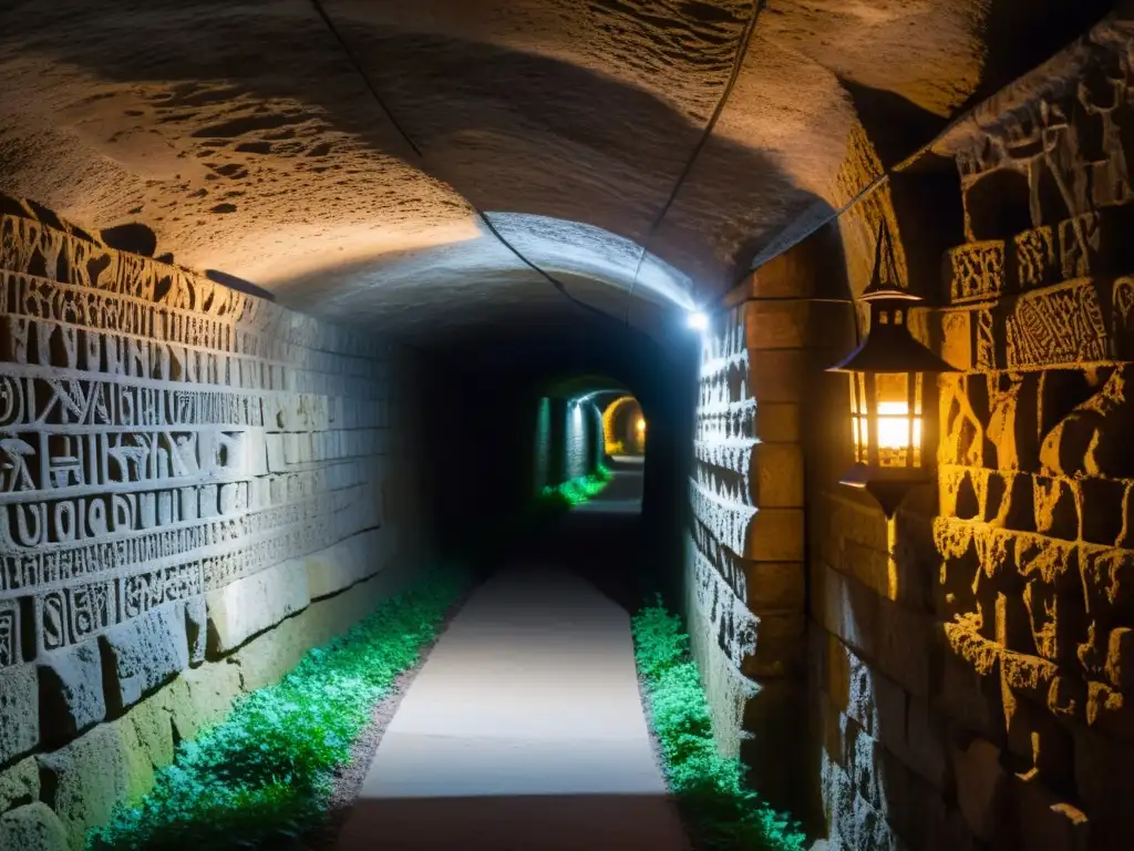 Un túnel subterráneo iluminado por una única linterna titilante, con pasadizos y cámaras secretas