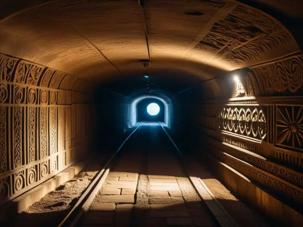 Un túnel subterráneo con intrincadas carvings en las paredes, envuelto en sombras y misterio