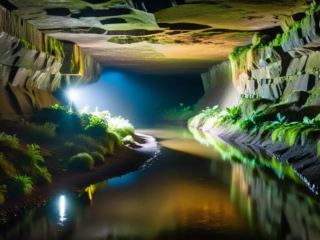 Un túnel subterráneo parcialmente inundado, con paredes de piedra húmedas y raíces colgantes, iluminado por organismos bioluminiscentes