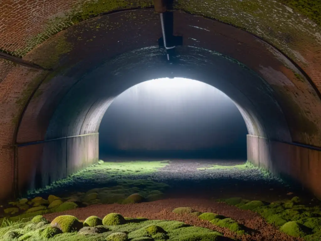 Un túnel subterráneo de ladrillo con musgo y líquenes