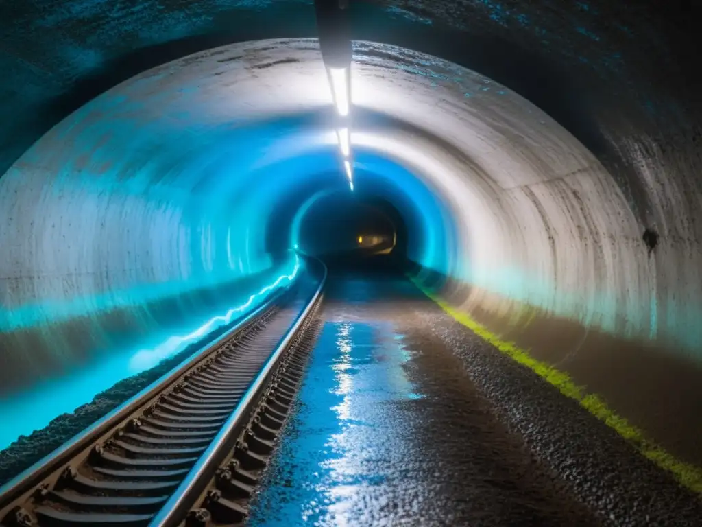 Un túnel subterráneo con luces fluorescentes que crean una atmósfera misteriosa