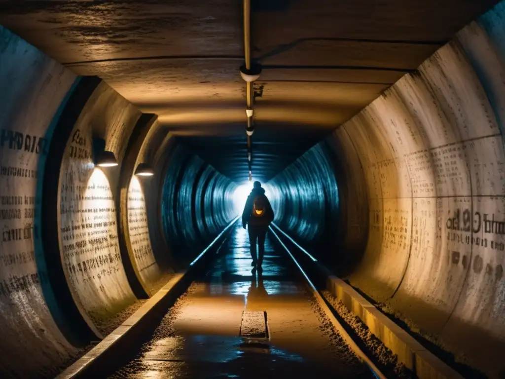 Un túnel subterráneo con luces parpadeantes apenas iluminando símbolos misteriosos