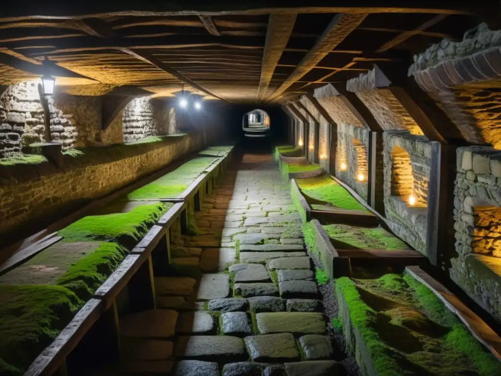 Un túnel subterráneo en la medieval Londres, iluminado por antorchas con muros de piedra cubiertos de musgo