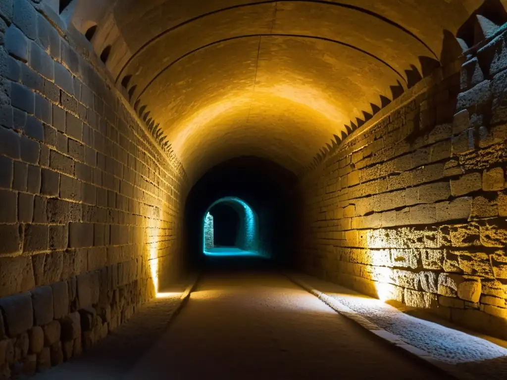 Un túnel subterráneo misterioso debajo del Alcázar de Segovia, con antiguas paredes de piedra y patrones intrincados iluminados por tenues antorchas