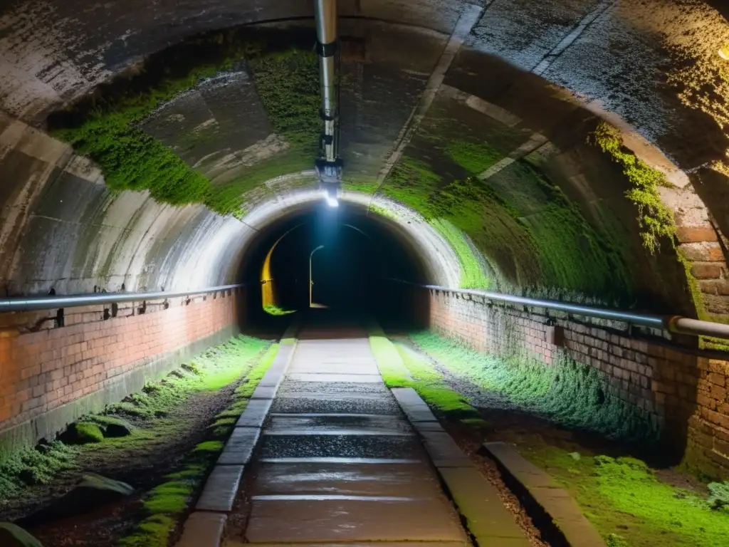 Un túnel subterráneo húmedo y misterioso iluminado por tenues luces