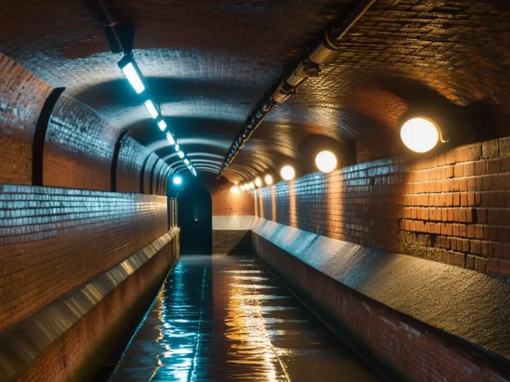 Un túnel subterráneo misterioso con ladrillos intrincados y una suave luz vintage