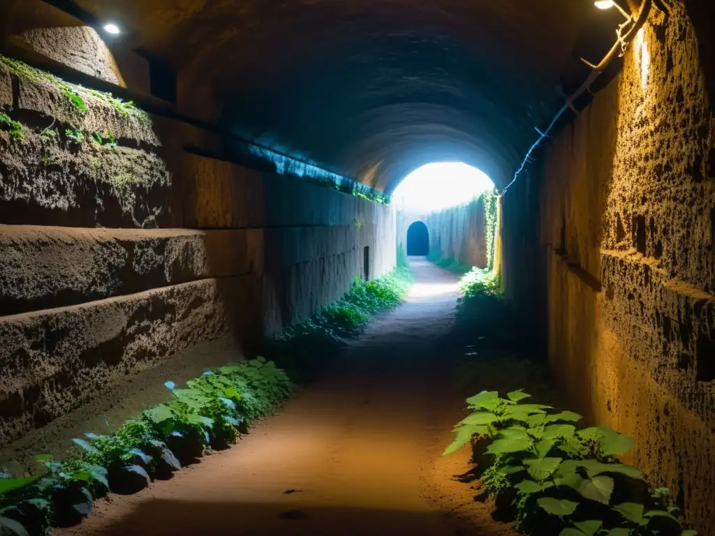 Un túnel subterráneo misterioso, con paredes rugosas, raíces y una atmósfera intrigante