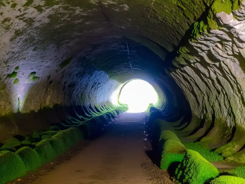 Misterioso túnel subterráneo con murciélagos y musgo Un túnel subterráneo con murciélagos revoloteando entre paredes de piedra cubiertas de musgo verde, iluminado por una suave luz cálida