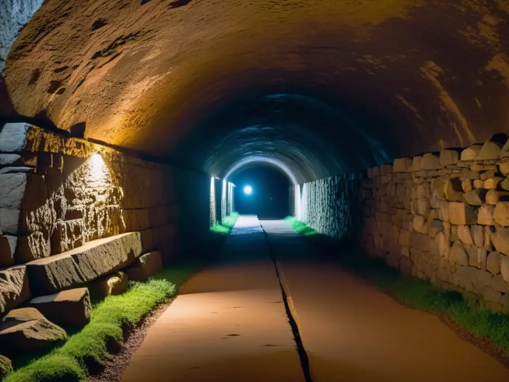 Un túnel subterráneo con muros de piedra áspera y antiguas marcas misteriosas