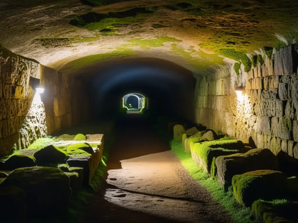 Un túnel subterráneo oscuro de época medieval, con paredes de piedra cubiertas de musgo y misteriosas inscripciones