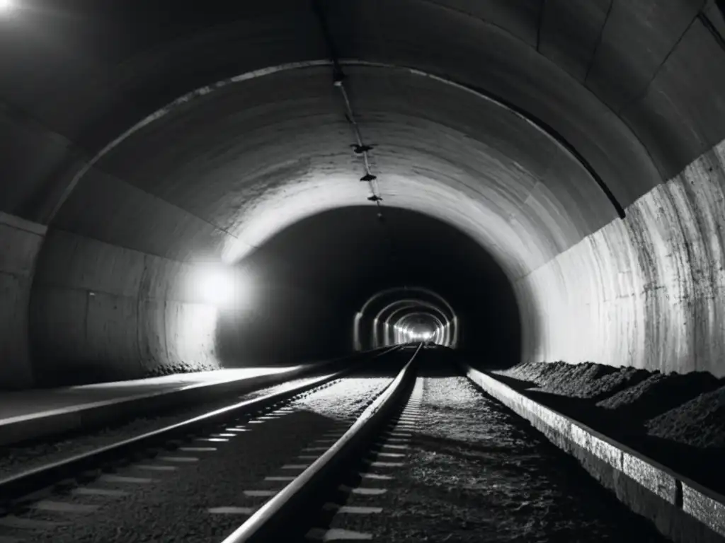 Un túnel subterráneo oscuro y estrecho con una débil luz al final