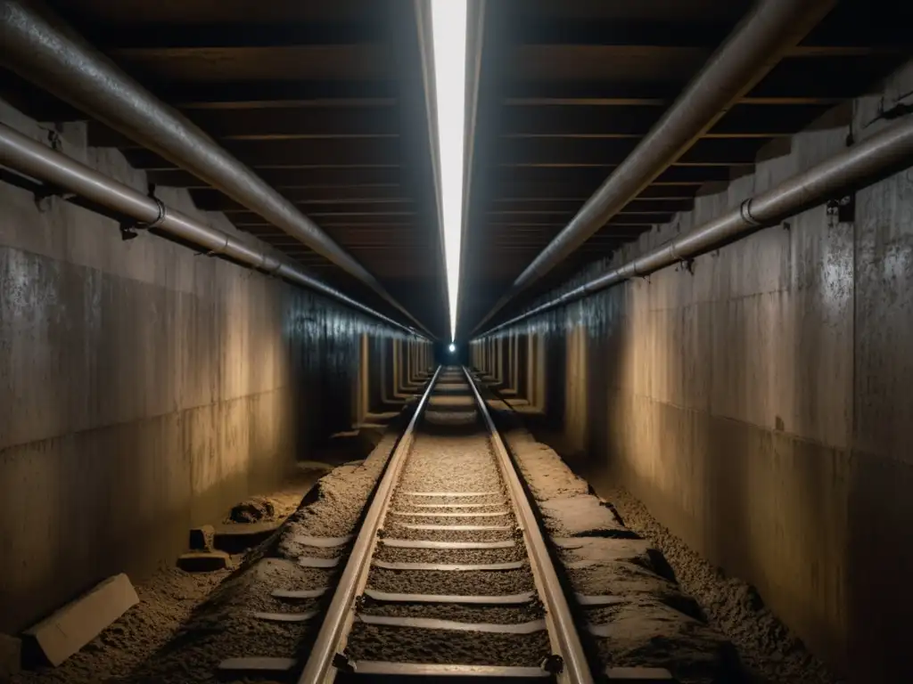 Un túnel subterráneo oscuro y estrecho con paredes de barro rugoso y soportes de madera improvisados, que se extiende hacia la distancia en penumbra