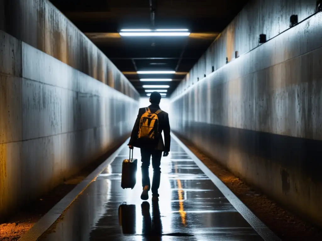 Un túnel subterráneo oscuro con una figura solitaria caminando hacia la cámara, creando un ambiente de misterio y suspenso en la Guerra Fría