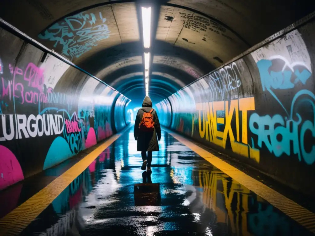 Un túnel subterráneo oscuro con grafitis políticos y arte callejero