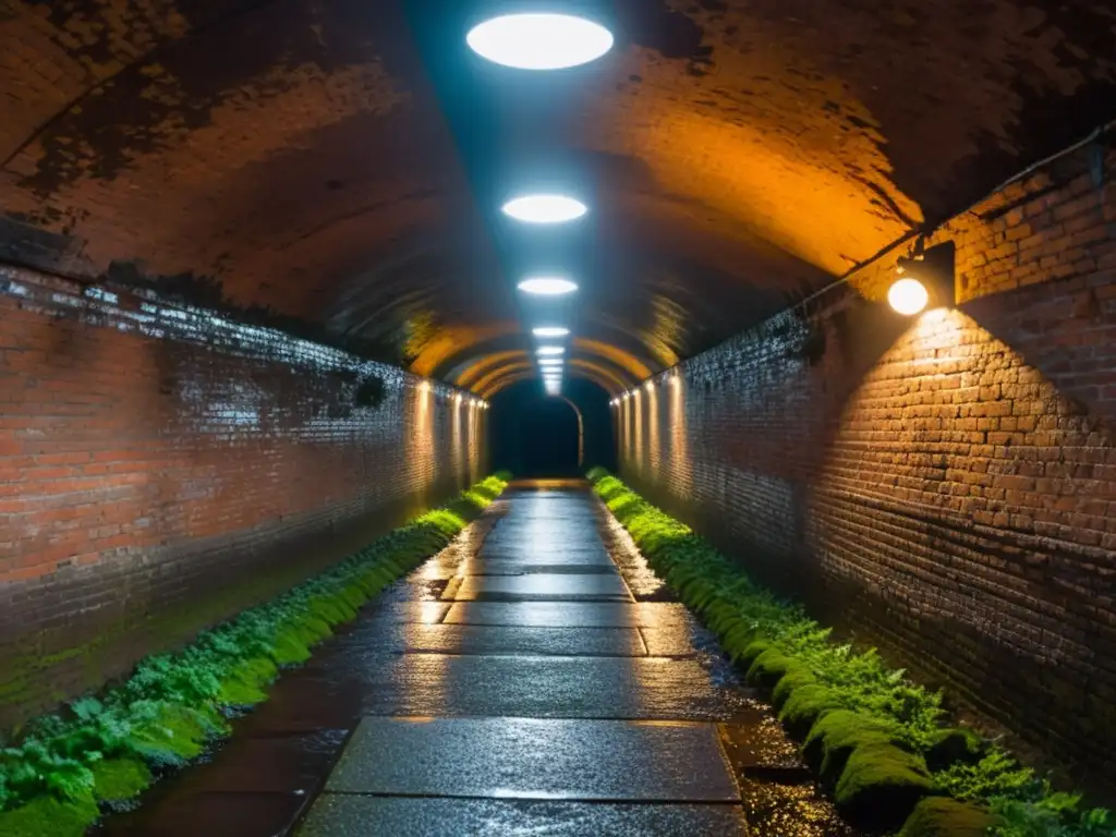 Un túnel subterráneo oscuro y húmedo, iluminado por linternas oxidadas que proyectan sombras tenebrosas