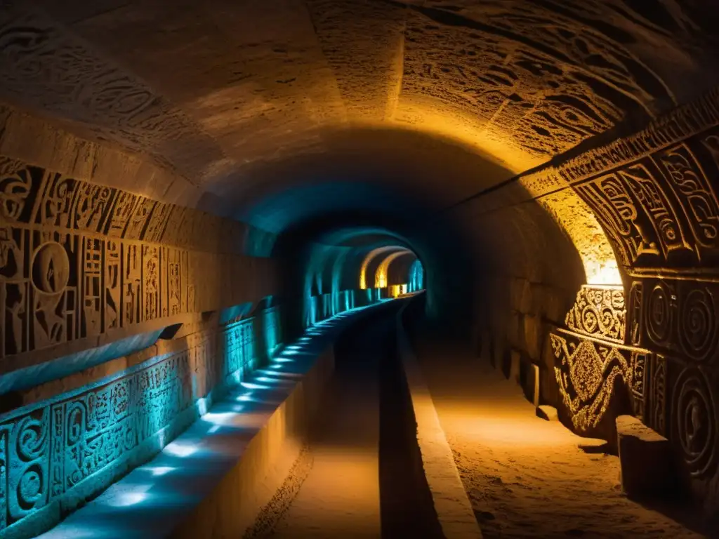 Un túnel subterráneo oscuro y misterioso, con antiguas carvings de mitología túneles subterráneos, evocando un aura de enigma y poder ancestral