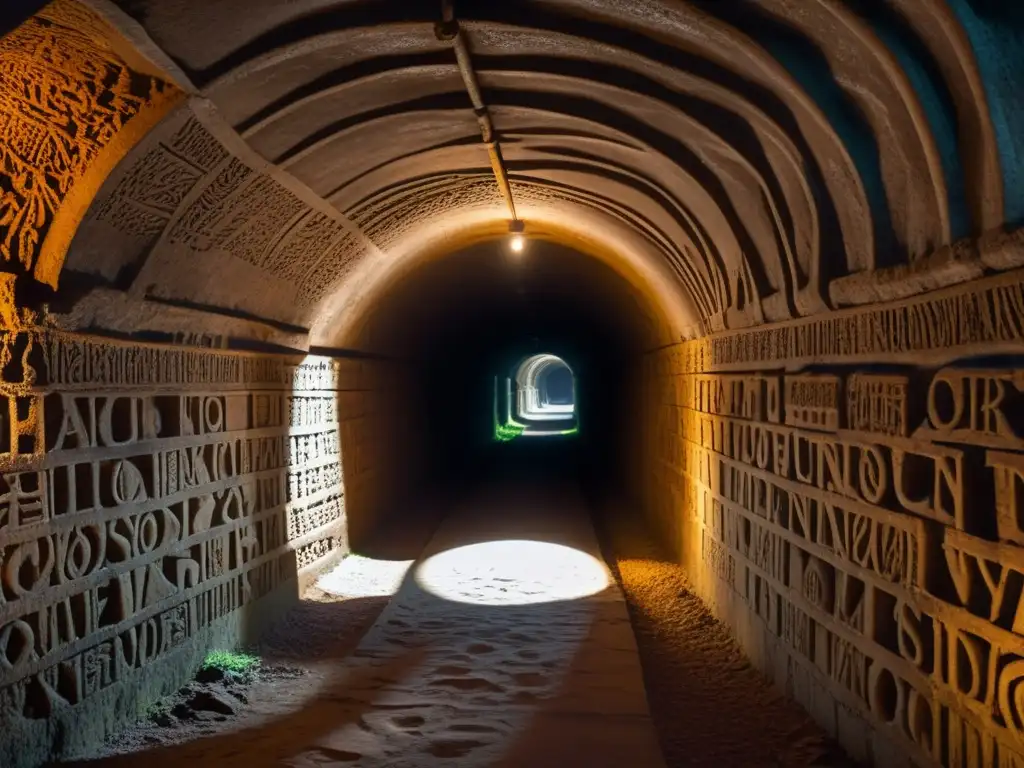 Un túnel subterráneo oscuro y misterioso con símbolos antiguos