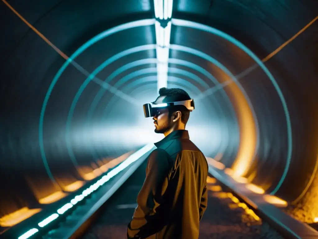 Un túnel subterráneo oscuro con una persona usando gafas de realidad aumentada y un dispositivo, demostrando aplicaciones de RA en túneles