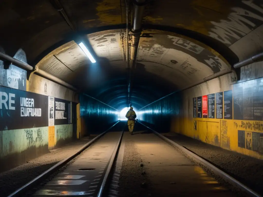 En un túnel subterráneo oscuro, se aprecian restos de la Guerra Fría y un solitario personaje vestido de época