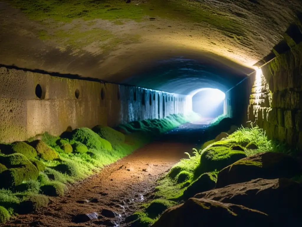 Un túnel subterráneo húmedo y oscuro con iluminación tenue, conservación de espacios subterráneos y atmósfera misteriosa